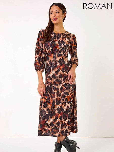 Roman Brown Animal Print Gathered Stretch Midi Dress (AR3626) | €63