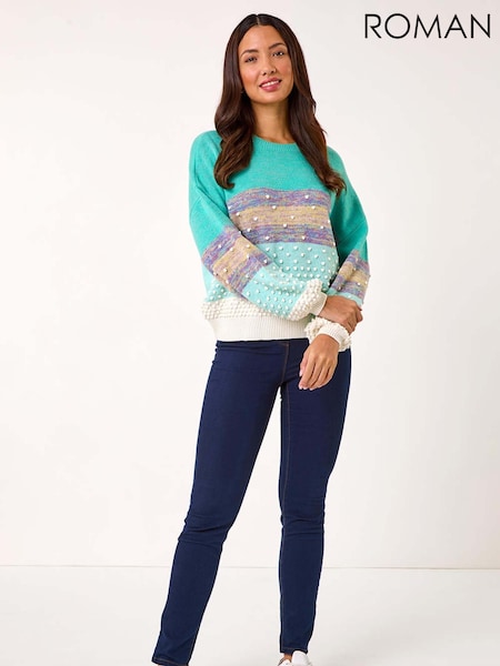 Sininen - Roman Textured Bobble Knit Pyöreä kaula-aukko Neulepusero (AR3628) | €76