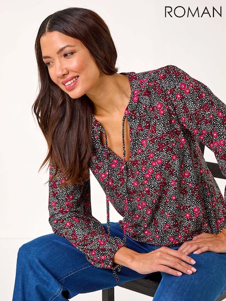Roman Pink Floral Print Tie Neck Stretch Top (AR3629) | R$ 485