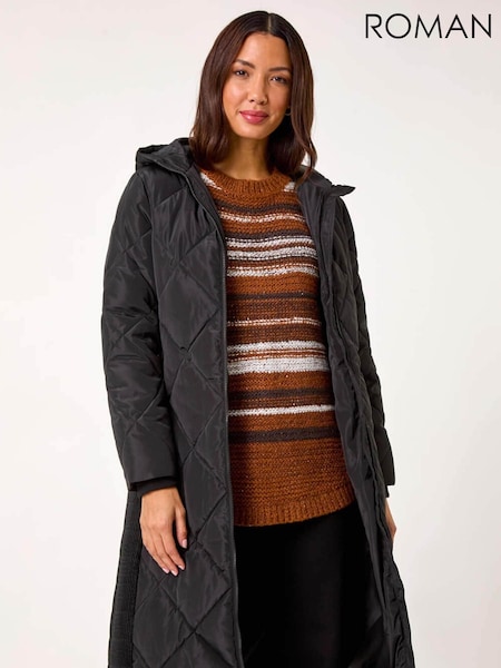 Negru - Roman Longline Diamond Quilt Cu glugă Coat (AR3630) | 819 LEI