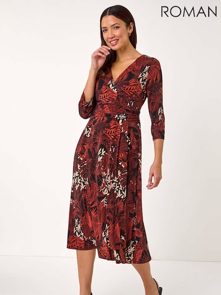 Roman Orange Leaf Print Wrap Midi Stretch Dress (AR3639) | 272 QAR