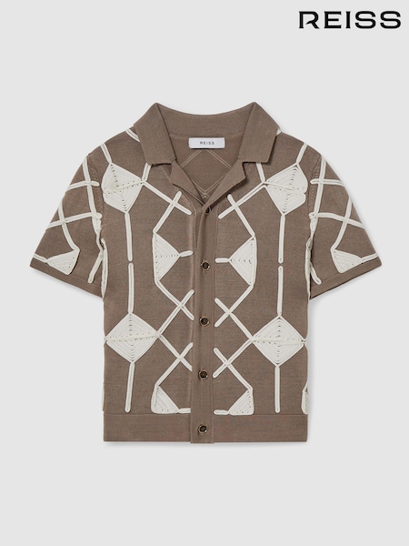 Reiss Mink Brown/Off White Terrazzo Geometric Embroidery Knit Shirt (AR3929) | kr1 163