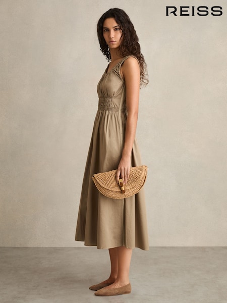 Reiss Khaki Anouk Cotton Craft-Stitch Shirred Midi Dress (AR3933) | €241