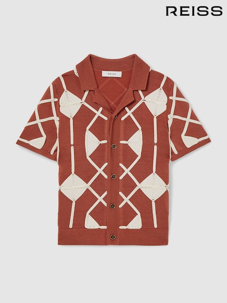 Reiss Paprika Red/Off White Terrazzo Geometric Embroidery Knit Shirt (AR3943) | kr1 163