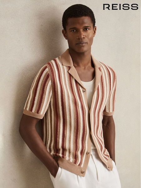 Reiss Camel Multi Carrington Cotton Crochet Stripe Cuban Shirt (AR3944) | €189