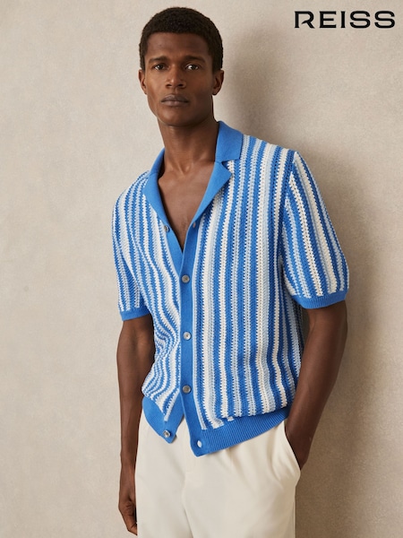 Blau Multi - Reiss Carrington Cotton Crochet Stripe Cuban Shirt (AR3951) | 199 €