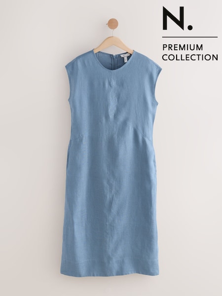 Navy Blue Premium 100% Linen Midi Column Dress (AR4059) | €78