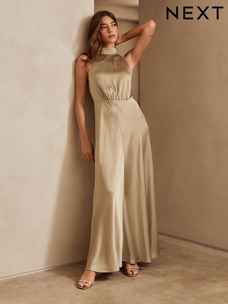 Champagne Gold Textured Satin Halter Sleeveless Midi Dress (AR4517) | 247 QAR