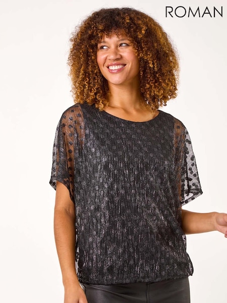 Roman Black Dobby Print Plisse Bubble Hem Top (AR4520) | $103