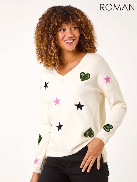 לבן - Roman Heart and Star V-Neck Flock Jumper (AR4530) | ‏264‏₪
