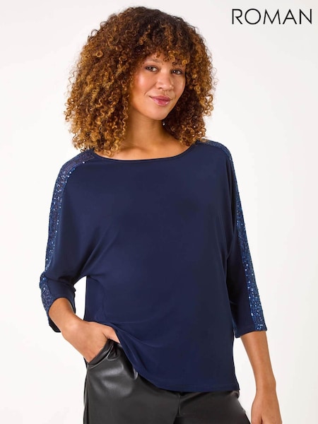 Roman Blue Sequin Sleeve Panel Stretch Top (AR4540) | € 70