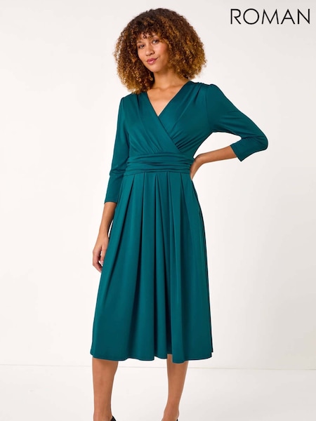 Roman Blue Mock Wrap V-Neck Stretch Midi Dress (AR4543) | €66