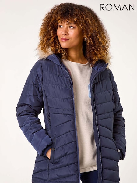 Roman Blue Faux Fur Hooded Quilt Coat (AR4544) | 4,506 UAH