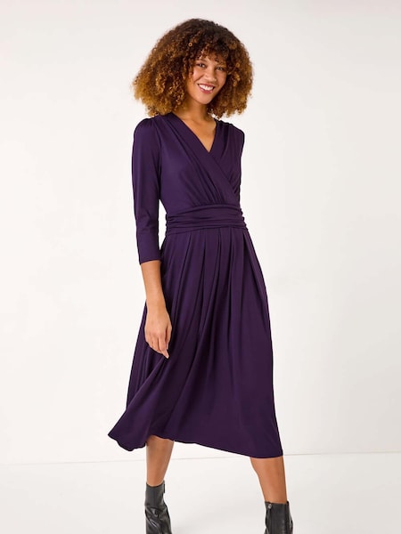 Roman Purple Mock Wrap V-Neck Stretch Midi Dress (AR4557) | €66