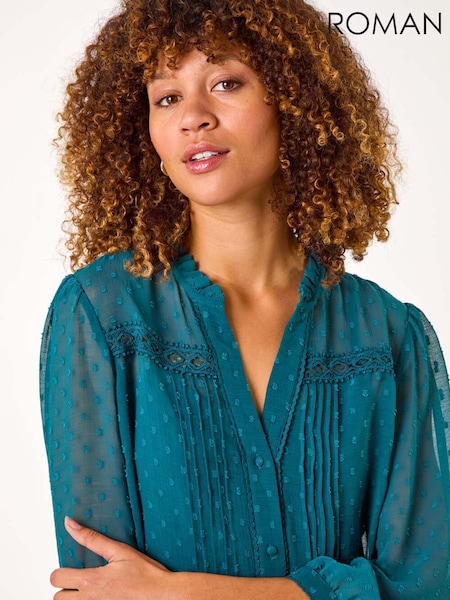 Roman Blue Dobby Lace Front Pleated Blouse (AR4560) | €53