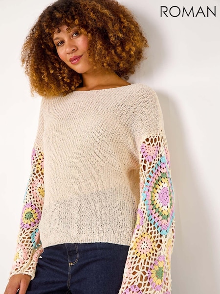 Roman White Multi Crochet Detail Knit Jumper (AR4565) | AED349