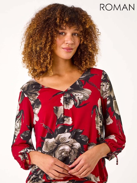 Roman Red V-Neck Floral Print Tie Sleeve Top (AR4568) | €51