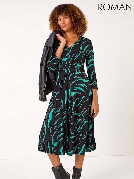 Roman Blue Animal Print Wrap Midi Dress (AR4585) | €73