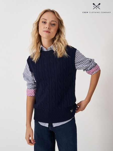 Crew Clothing Company Blue Heritage Cable Knit Crew Neck 100% Cotton Vest (AR4607) | €62
