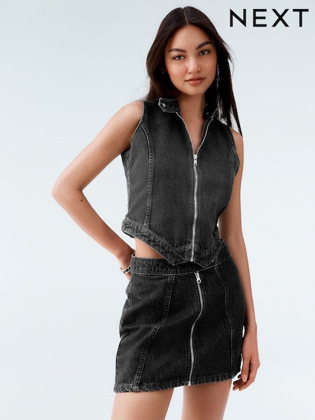 אפור - 100% Cotton Zip Through Sleeveless Denim Top (AR4743) | ‏133‏₪