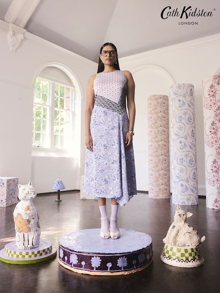 Purple Mystery Floral - Rochie Cath Kidston fără mâneci din satin, linie A (AR4819) | 536 LEI