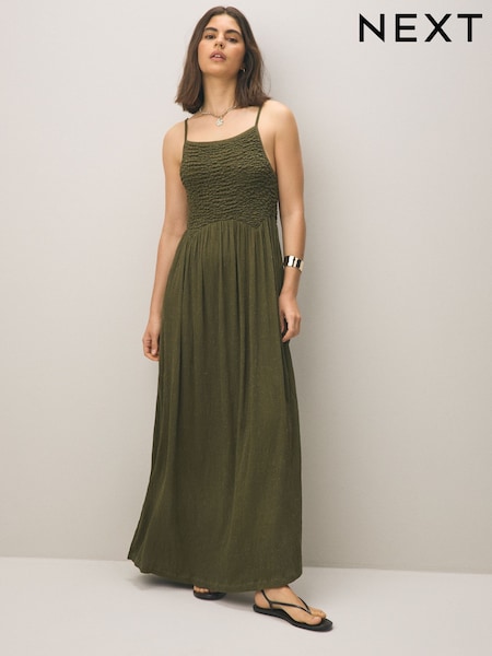Khaki Green Strappy Shirred Jersey Maxi Dress (AR4849) | €41.50