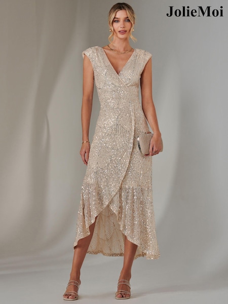 Jolie Moi Silver Sequin Ruffle Hem Maxi Dress (AR4922) | €122