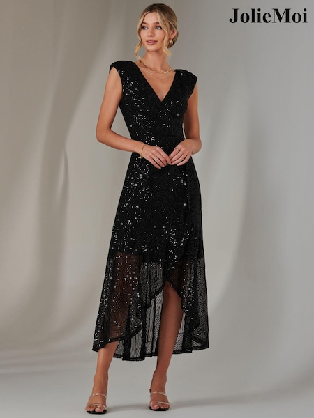 Jolie Moi Black Sequin Ruffle Hem Maxi Dress (AR4923) | ₪448