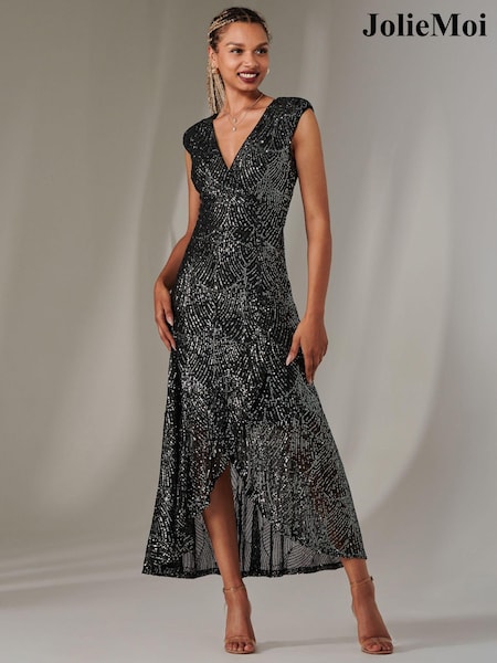 Jolie Moi Black/Dark Sequin Ruffle Hem Maxi Dress (AR4925) | €113