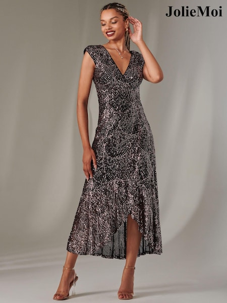 Jolie Moi Black  Chrome Sequin Ruffle Hem Maxi Dress (AR4927) | $123