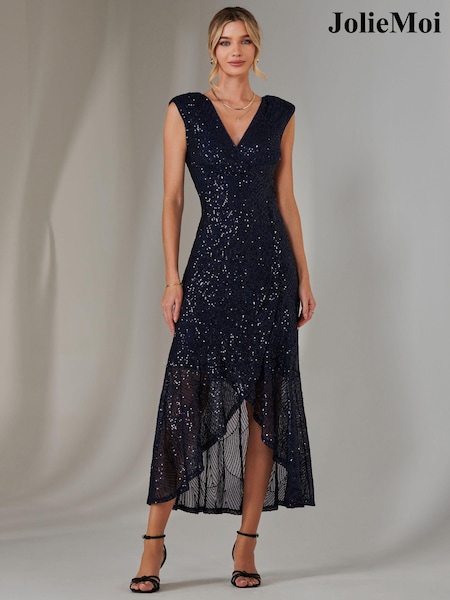Jolie Moi 70s Blue Sequin Ruffle Hem Maxi Dress (AR4929) | €113
