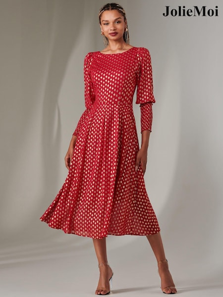Punainen - Jolie Moi Puff Sleeve Gold Spotty Midaxi Dress (AR4931) | €118