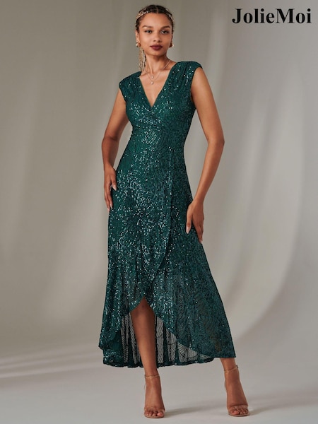Jolie Moi Green Sequin Ruffle Hem Maxi Dress (AR4932) | 440 QAR