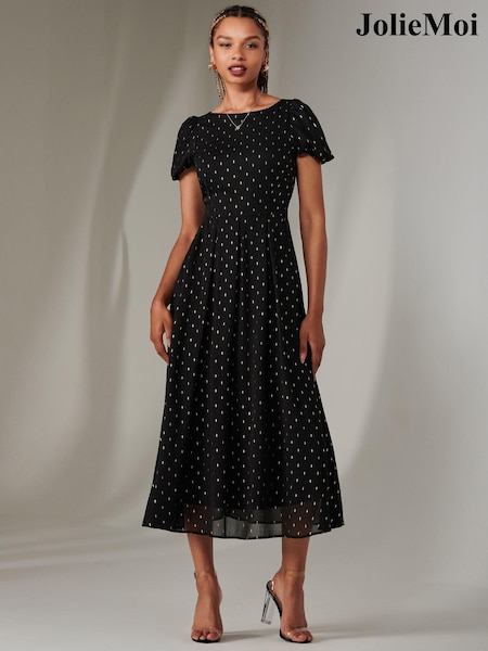 Jolie Moi Black Spot Chiffon Midimix Dress (AR4933) | €106