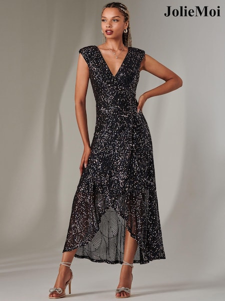 Jolie Moi Blue Sequin Ruffle Hem Maxi Dress (AR4935) | $153