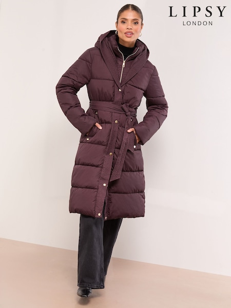 Lipsy Plum Funnel Double Layer Belted Longline Coat (AR4944) | 499 QAR