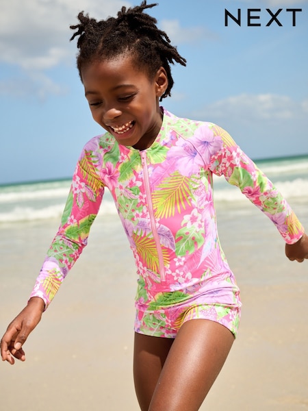 Pink Tropical Long Sleeved Shortie Swimsuit (3-16yrs) (AR4949) | €22.50 - €29