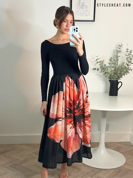 Style Cheat Black Placement Floral Rhoda 2-In-1 Jersey Maxi Dress (AR6276) | 257 QAR