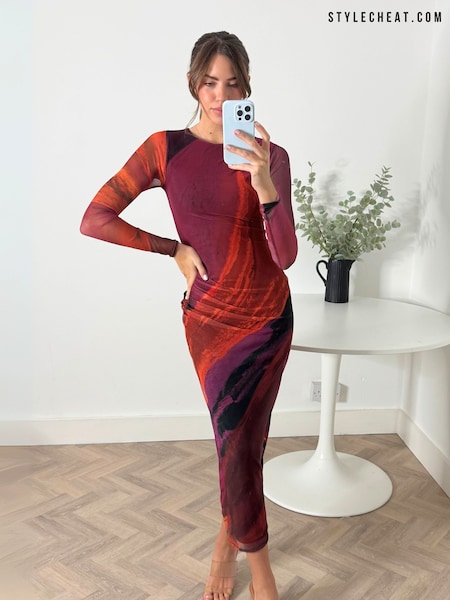 Style Cheat Red Pink Marble Large Scale Floral Maeva Mesh Maxi Dress (AR6288) | 272 QAR