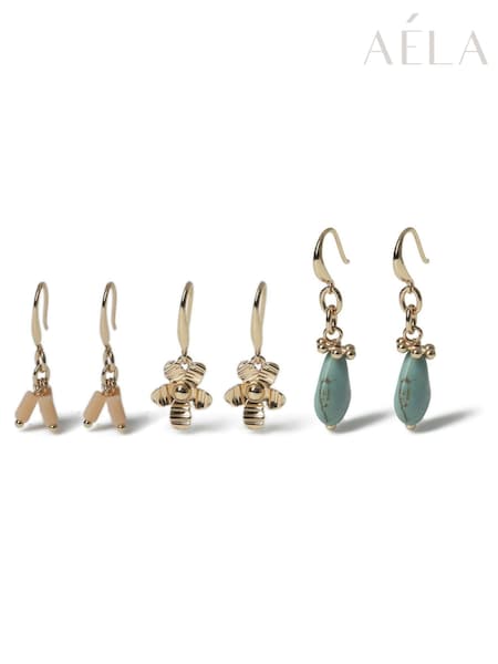 Aela Gold Tone Flower and Stone Drop Earrings Set (AR6358) | € 23
