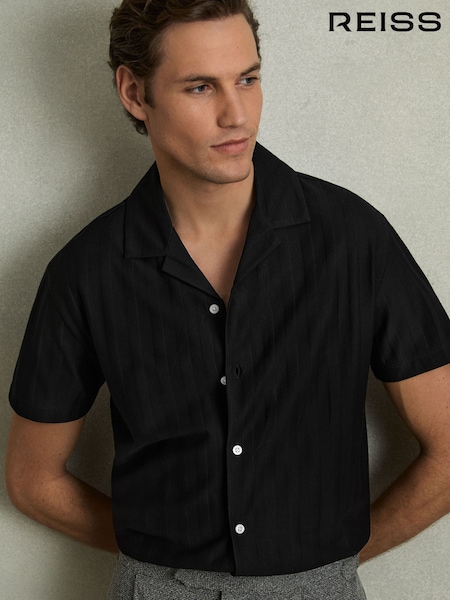 Reiss Black Sampson Cotton Textured Cuban-Collar Shirt (AR6477) | €99