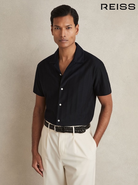 Reiss Navy Sampson Cotton Textured Cuban-Collar Shirt (AR6479) | €104