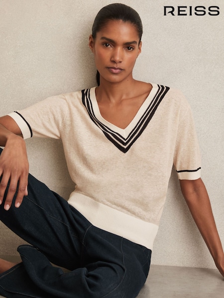 Reiss Neutral Ida V-Neck Fine-Knit Cricket Top with Linen (AR6484) | AED706