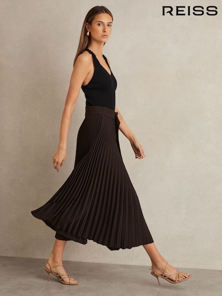 Reiss Chocolate Brown Ava Pleated Belted Midi Skirt (AR6491) | €237