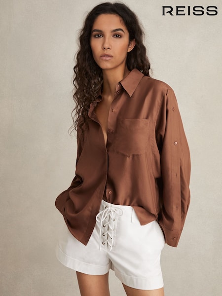 Reiss Brown Reenie Silk Button Sleeve Shirt (AR6505) | €301