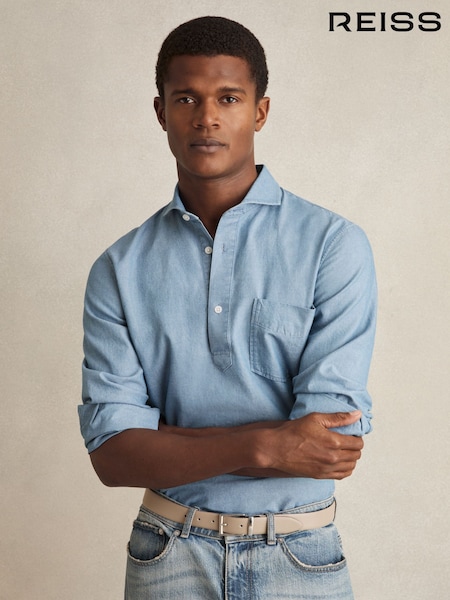 Reiss Light Wash Indigo Baylor Cotton Cutaway-Collar Denim Shirt (AR6531) | AED792