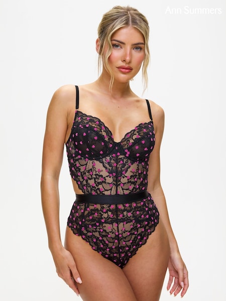 Ann Summers Black with Pink Hearts Hold Me Tight Lace Body (AR6577) | €21.50