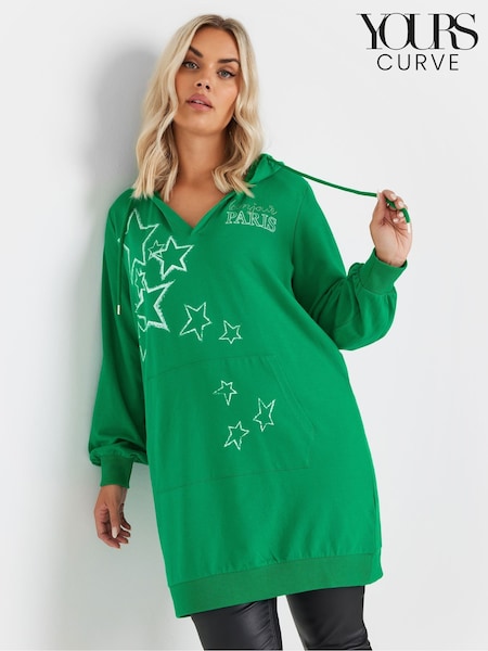 Yours Curve Green 'Paris' Star Print Longline Hoodie (AR6587) | €44