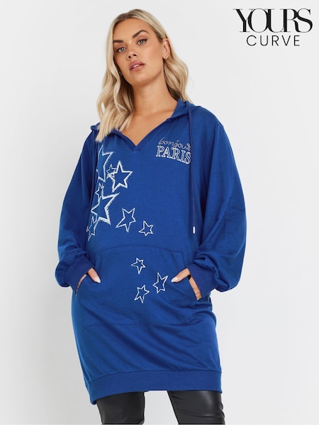 Yours Curve Blue 'Paris' Star Print Longline Hoodie (AR6596) | 1,802 UAH