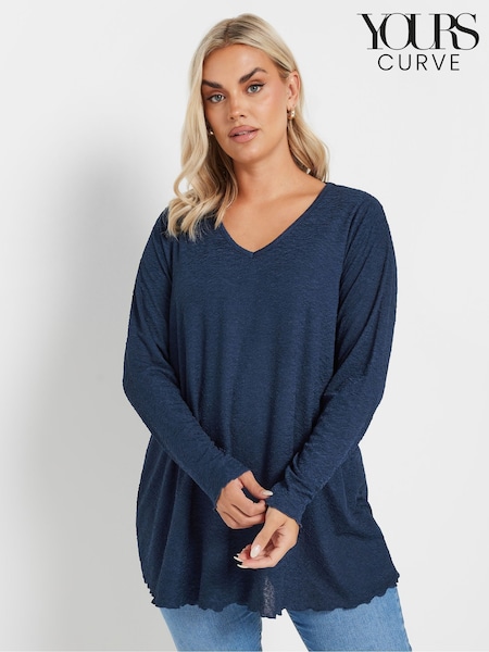 Yours Curve Blue Long Sleeve Textured V-Neck Top (AR6602) | AED140